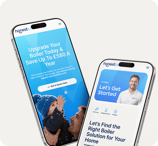 A mobile mockup of the honestboiler homepage and form
