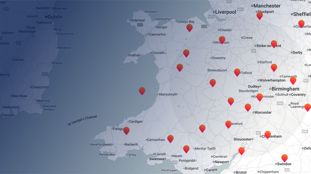 A map of the UK focusing on the Midlands, Wales and Republic of Ireland