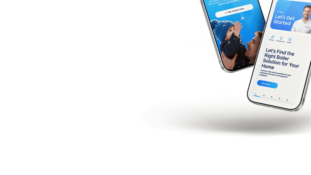 A mobile showing a compare boilers provider website against a white backdrop