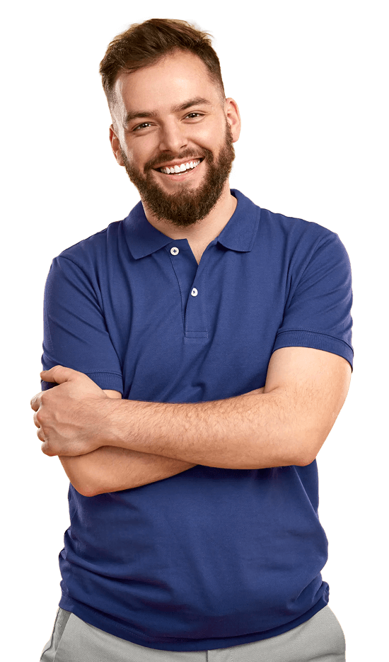 A man in a blue shirt with his arms cross-folded