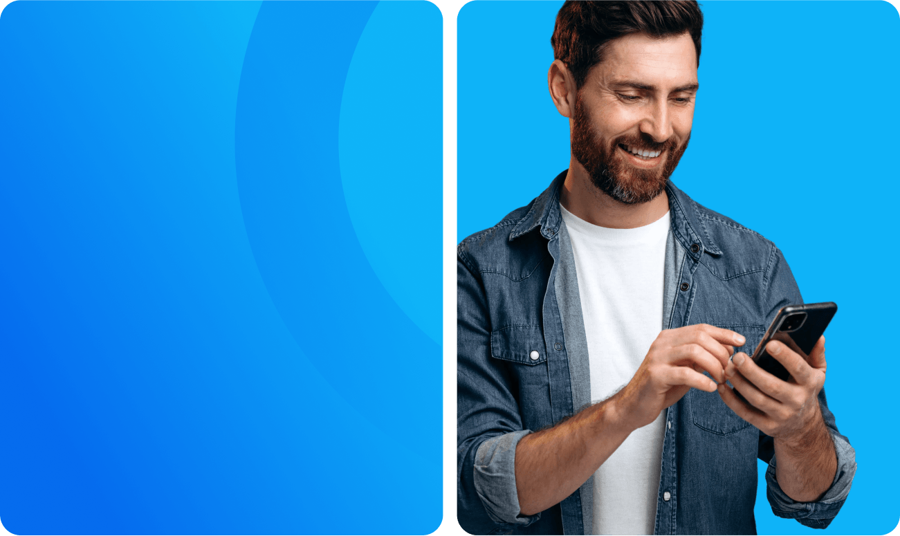 A decorative background with a man looking happily at his phone